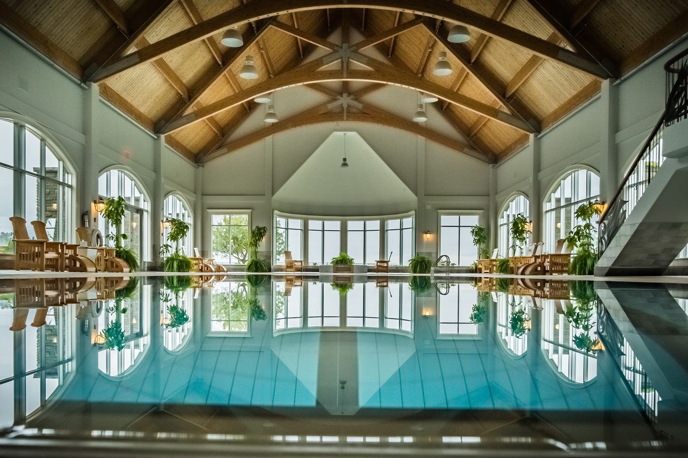 The indoor pool at Fox Harb'r Resort, under a vaulted timber ceiling