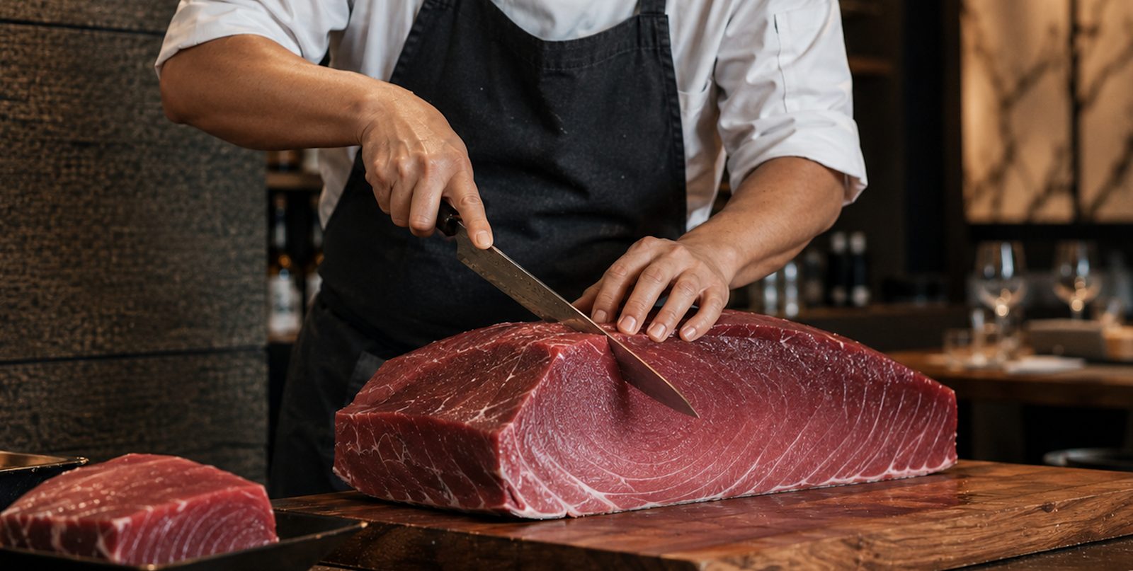 A whole bluefin tuna loin under the knife