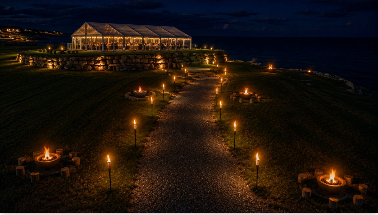 The amphitheatre tent at Fox Harb'r at night, lit by torches and fire bowls above the Northumberland Strait