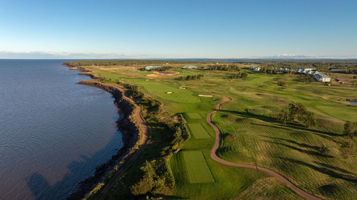 Aerial view of the 17th hole on the Ocean Course, running along the rocky coastline of the Northumberland Strait